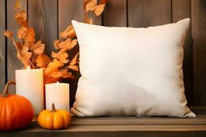 outono lançar travesseiro almofada produtos brincar, outono branco travesseiro brincar, criada com generativo ai tecnologia foto