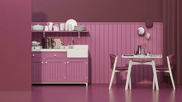 Viva magenta cozinha quarto e minimalista interior Projeto. à moda vivo Sombrio Rosa tom quarto interior do moderno apartamento e na moda mobília casa decoração, 3d render foto