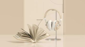 vintage livros pilha e fones de ouvido, pódio. estante com velho livros dentro a interior. livraria, decoração, estantes de livros dentro uma bege e branco cor fundo. 3d render foto