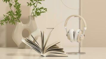 vintage livros pilha e fones de ouvido, pódio. estante com velho livros dentro a interior. livraria, decoração, estantes de livros dentro uma bege e branco cor fundo. 3d render foto