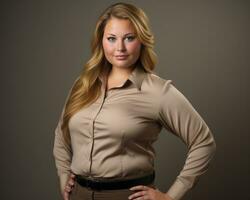 uma lindo Loiras mulher dentro uma bronzeado camisa posando para a Câmera generativo ai foto