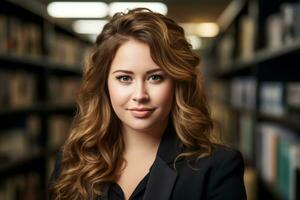 uma lindo jovem mulher com grandes ondulado cabelo em pé dentro frente do estantes de livros generativo ai foto