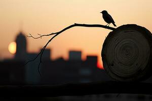 uma pássaro é empoleirado em uma árvore ramo com uma cidade dentro a fundo generativo ai foto