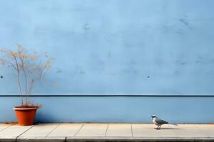uma pássaro é em pé em a calçada Próximo para uma em vaso plantar generativo ai foto
