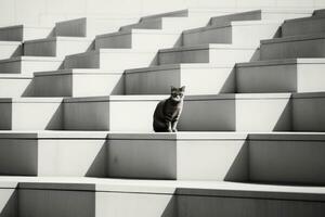 uma Preto e branco foto do uma gato sentado em alguns passos generativo ai
