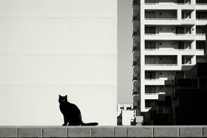 uma Preto e branco foto do uma gato sentado em a Beira do uma construção generativo ai