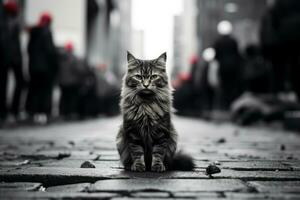 uma Preto e branco foto do uma gato sentado em a rua generativo ai