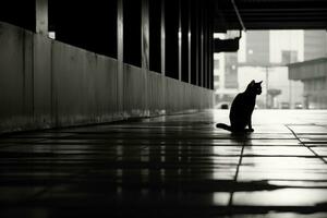 uma Preto e branco foto do uma gato em pé sozinho generativo ai