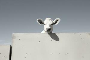 uma Preto e branco foto do uma vaca olhando sobre uma parede generativo ai