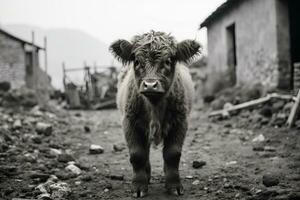 uma Preto e branco foto do uma vaca em pé dentro frente do uma casa generativo ai