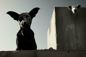 uma Preto e branco foto do uma cachorro e uma vaca generativo ai