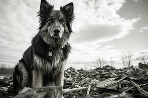 uma Preto e branco foto do uma cachorro sentado em uma pilha do madeira generativo ai