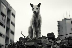 uma Preto e branco foto do uma cachorro em pé em topo do uma pilha do destroços, Pedregulho generativo ai