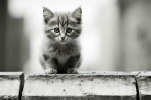 uma Preto e branco foto do uma gatinho sentado em topo do uma tijolo parede generativo ai