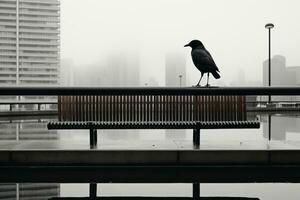 uma Preto pássaro é em pé em uma Banco dentro uma nebuloso cidade generativo ai foto