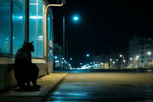 uma Preto gato sentado em uma calçada às noite generativo ai foto