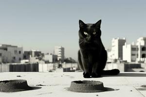 uma Preto gato sentado em topo do uma construção generativo ai foto