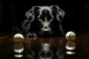 uma Preto cachorro deitado em a chão Próximo para dois tênis bolas generativo ai foto