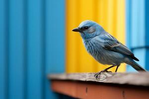 uma azul pássaro sentado em a Beira do uma de madeira grade generativo ai foto