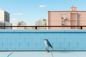 uma azul pássaro sentado em topo do uma tijolo parede generativo ai foto