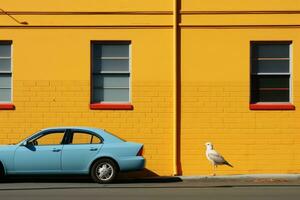 uma azul carro estacionado dentro frente do uma amarelo construção generativo ai foto