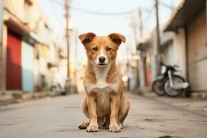 uma Castanho e branco cachorro sentado em a rua generativo ai foto