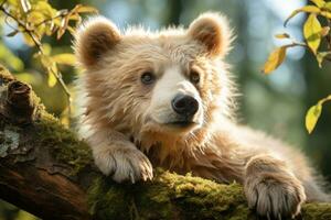 uma Castanho Urso é sentado em uma árvore ramo generativo ai foto