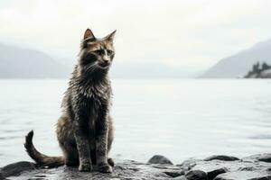 uma gato sentado em uma Rocha de a água generativo ai foto