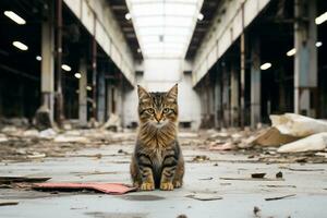 uma gato sentado em a chão dentro a abandonado construção generativo ai foto