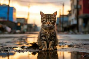 uma gato sentado em a terra dentro uma poça generativo ai foto