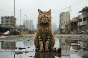 uma gato sentado em a terra dentro frente do edifícios generativo ai foto