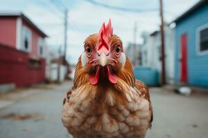 uma fechar acima do uma frango em pé em uma rua generativo ai foto