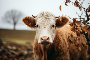 uma fechar acima do uma vaca olhando às a Câmera generativo ai foto