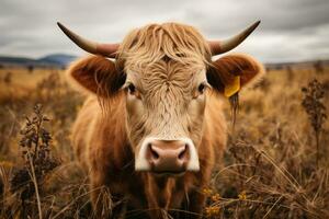 uma fechar acima do uma vaca com chifres dentro uma campo generativo ai foto