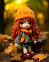 uma crochê boneca vestindo a laranja chapéu e casaco generativo ai foto