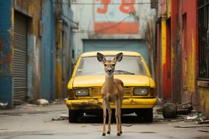 uma veado carrinhos dentro frente do uma amarelo carro dentro a beco generativo ai foto