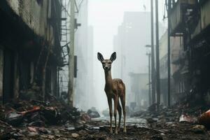 uma veado carrinhos dentro a meio do uma cidade rua generativo ai foto