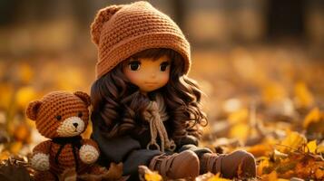 uma boneca e Urso de pelúcia Urso sentado dentro a outono folhas generativo ai foto