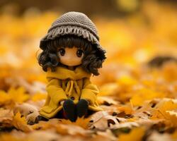 uma boneca dentro uma amarelo casaco senta em a terra cercado de caído folhas generativo ai foto