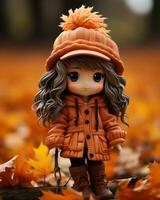 uma boneca vestindo a laranja casaco e chuteiras em pé dentro a outono folhas generativo ai foto