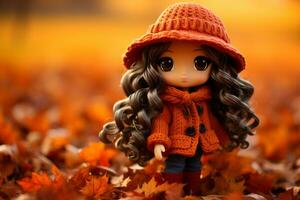 uma boneca vestindo a laranja casaco e chapéu carrinhos dentro uma campo do outono folhas generativo ai foto