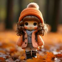 uma boneca vestindo a laranja casaco e chapéu carrinhos dentro a outono folhas generativo ai foto