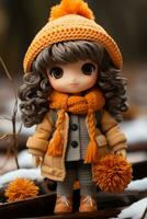uma boneca vestindo a laranja casaco e chapéu carrinhos dentro a neve generativo ai foto