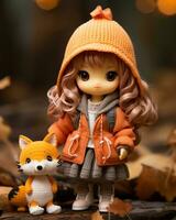 uma boneca vestindo a laranja casaco e segurando uma Raposa generativo ai foto