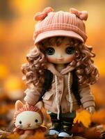 uma boneca com encaracolado cabelo e uma Rosa chapéu é em pé dentro a outono folhas generativo ai foto