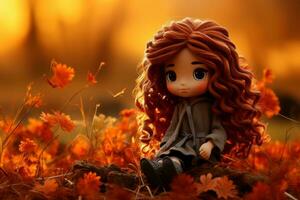 uma boneca com grandes vermelho cabelo sentado em a terra dentro outono folhas generativo ai foto