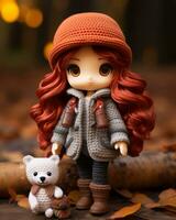 uma boneca com vermelho cabelo e uma Urso de pelúcia Urso generativo ai foto
