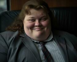 uma gordo homem vestindo uma terno e gravata sentado dentro uma cadeira generativo ai foto