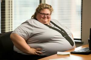uma gordo mulher sentado às uma escrivaninha generativo ai foto