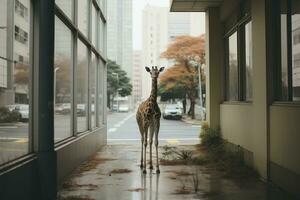 uma girafa em pé dentro a meio do uma cidade rua generativo ai foto